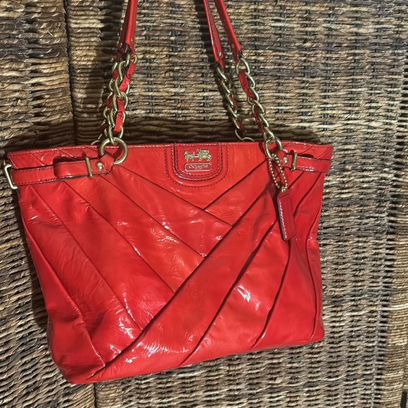 Coach Madison Diagonal Pleated Patent Leather Shoulder Handbag, Red - Picture 2 of 7